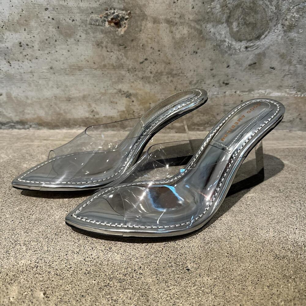 Good American Size 7 Silver clear block heel mules